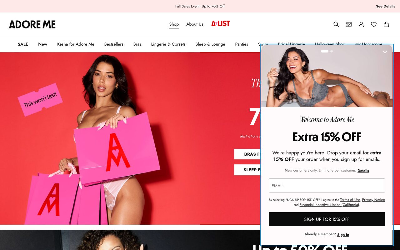 Adore Me homepage screenshot