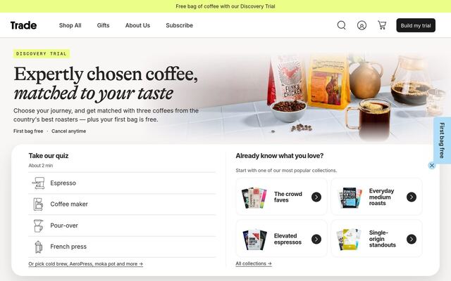 Trade Coffee homepage
